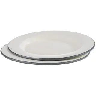 APS 2er Set flache Teller -EMAILLE- Ø 26 cm, H: 2 cm, emaillierts Stahlblech, Farbe: cremeweiß mit grauem Rand