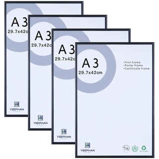 A3 Bilderrahmen, Metall, Aluminium, 4er-Set mit Plexiglas-Front für Wandhalterung, 29,7 x 42 cm, schwarzer Bilderrahmen für Zertifikate, Poster, Wanddekoration