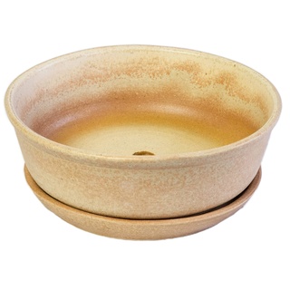 KERAZO Keramik Bonsaischale mit separater Unterschale rund 17,5x6cm hochwertig, robust, frostbeständig, langlebig mit Bodenloch (antik)