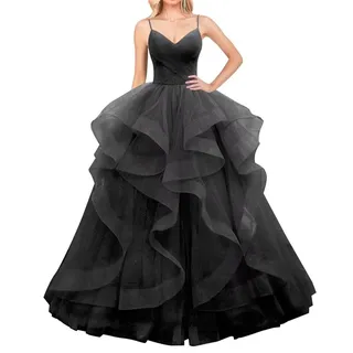 Layered Tüll Ballkleider Lange Glitzer Ballkleid A-Linie Formale Abendkleid Sparkly Festzug Kleid für Frauen, Schwarz , 46 - 46