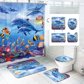 SMchwbc Ozean Delfin Duschvorhang 180x180 180x200 Delfin Fisch Blau Strand Duschvorhänge Set Polyester Delfine Pflanzen Shower Curtains Badezimmerteppich 4-teiliges Set (200 x 200 cm(BxH),4)