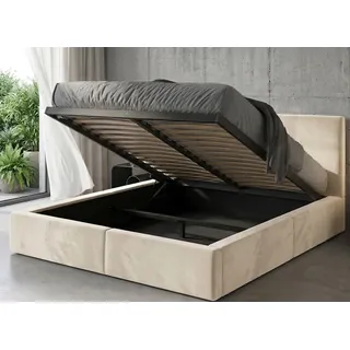Polsterbett 140x200 cm mit Bettkasten und Lattenrost – Stauraumbett Doppelbett in Kaschmir Hydrophober Samtbezug Gepolstertes Bettgestell belastbar bis 300 kg ohne Matratze (Kaschmir, 140x200)
