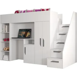 MEBLE KRYSPOL Party 14 Hochbett für Kinder, Jugendliche mit Stauraum - Etagenbett mit Schreibtisch, Kleiderschrank, Bücherregal und Trittleitern - 247x120x165 cm - Weiß, Weiß, Grau