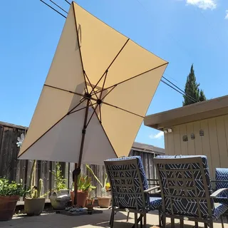 PURPLE LEAF Alu Sonnenschirm Groß Ampelschirm 365 x 365 cm Holzoptik Doppeldach Gartenschirm mit Kurbel 360° Drehbar XXL, Sonnenschutz UV50+, Beige