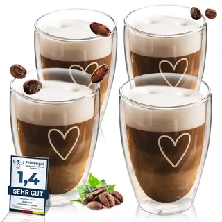 ElbFuchs® Doppelwandige Latte Macchiato Gläser Set (4x 350ml) Kristallklare Thermogläser doppelwandig | Ideal als Cappuccino Gläser | Kaffeegläser | Teegläser