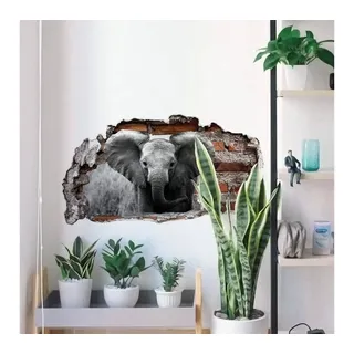 K&L Wall Art Wandtattoo 3D Wandtattoo Aufkleber Safari Tiere Kinderzimmer Jumbo der kleine Elefant, Mauerdurchbruch Wandbild selbstklebend bunt 120 cm x 65 cm