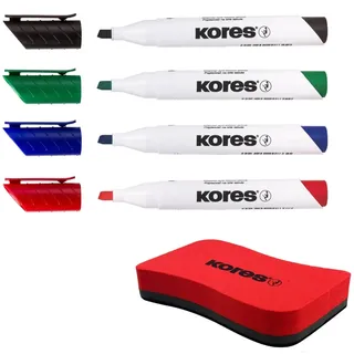 Kores - K-Marker XW2: Bunte Whiteboard Marker mit Keilspitze, trocken abwischbar und nahezu geruchslose Tinte, Schul- und Bürobedarf, Set aus 4 Sortierten Farben + 1 Magnetischen Löschschwamm