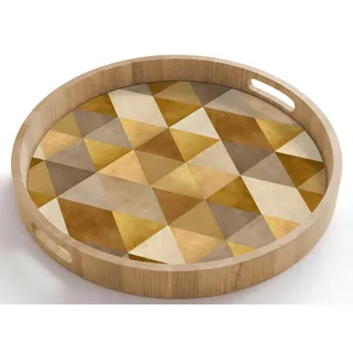 OnlyWow Tablett Rund mit Henkel Geometrisch - Dreieck - Gold, Eichenholz, (1-tlg), Servierbrett Groß, Tischdeko, Platte, Tisch Deko 50 cm x 50 cm x 5 cm