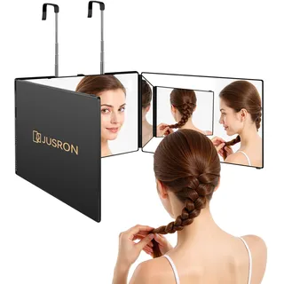 JUSRON 360° Klappspiegel 3 Teilig Frisierspiegel Höhenverstellbar Spiegel mit Haken für Make Up Rasur Friseur-Matt-Schwarz
