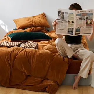 Lanqinglv Karamell Braun Bettwäsche Set 155x220 cm Biber Flauschig Warme Coral Fleece Flanell Winter Plüsch Uni Bettbezug Cashmere Touch mit Reißverschluss Doppelbett und Kissenbezug 80x80 cm