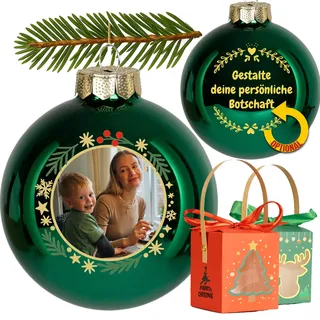 Personalisierte Weihnachtskugel mit Foto – echte runde Glas Kugel, Verschiedene Rahmen & Motive wählbar, Rückseite mit Wunschtext, inkl. Geschenkbox - für Familie, Andenken, Haustiere & Freunde