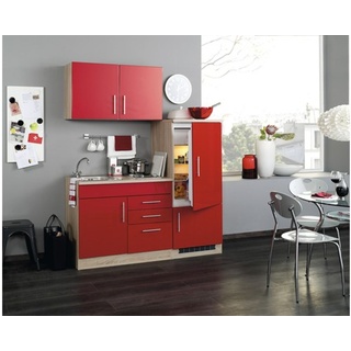 Held Möbel Singleküche mit Geräten Toronto 160 cm Frontfarbe rot Matt Korpusfarbe sonoma eiche