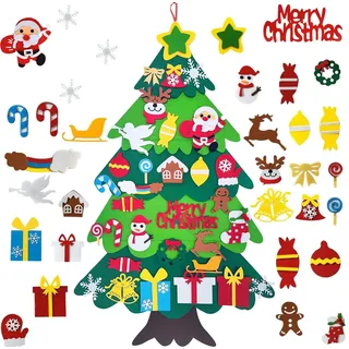 PHISGNIO Filz Weihnachtsbaum Deko mit 32pcs Abnehmbaren Hängenden Ornamenten, Filz Tannenbaum Dekoration für Home Tür Wand