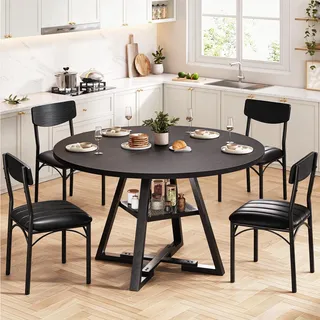 Jocoevol Runder Esstisch und 4 Esszimmerstühle Set, Essgruppe 5-Teilig, Esszimmertisch mit Ablage und 4 stühle für Küche, Wohnzimmer, Balkon, Restaurant, Büro (Schwarz, 107x107x76cm)