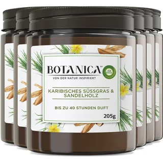 Botanica by Air Wick 6x Duftkerze im Glas - Bis zu 40 Stunden pro Kerze - Duft: Süßgras und Sandelholz - Nachhaltig hergestellt mit natürlichen Inhaltsstoffen - 6x205g Kerze im Glas