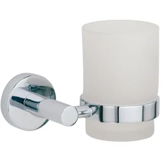 Nie Wieder Bohren hoom Zahnputzbecher und Wandhalterung, verchromt, rostfrei, inkl. Klebelösung, satiniertes Glas, 97mm x 125mm x 87mm