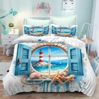 SMchwbc Leuchtturm Bettwäsche 135x200 Ozean Leuchtturm Strand Bettbezug für Mädchen Jungen Weiche Mikrofaser Leuchtturm und Meer Bettwäsche Set Mit Reißverschluss (3,135 x 200 cm)