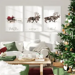 Herfair Winter Poster 3er Set Weihnachtsmann Elch Wandbilder Wohnzimmer Deko Kunstdruck Bilder Leinwand Ohne Rahmen Weihnachten Thema Wanddeko Poster (30 x 40 cm)