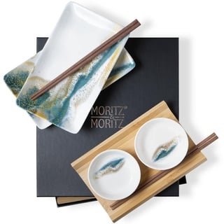 Moritz & Moritz Tafelservice Moritz & Moritz Gourmet - Sushi Set 10 teilig Marmor grün / Gold (8-tlg), 2 Personen, Geschirrset für 2 Personen grün|weiß