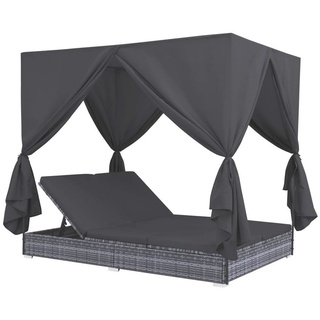 vidaXL Gartenliege Outdoor-Lounge-Bett mit Vorhängen Poly Rattan Grau