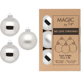 INGE-GLAS 6 Weihnachtskugeln 10cm Glas Christbaumkugeln Weihnachtsbaumkugeln Set silber