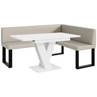 MEBLINI Eckbank für Esszimmer mit ausziehbarem Tisch - Küchenbank - Essecke - Sitzecke Küche - Toni - U-Beine 128x168x87cm Rechts - Beige Kunstleder/M Weiß Matt