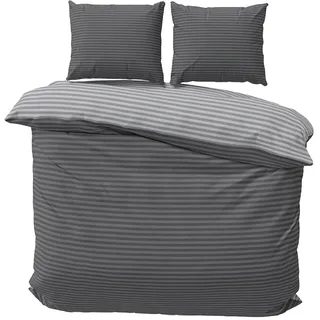 Visaggio Bettwäsche 240x220 cm + 2X Kissenbezüge 80x80 cm Grau Anthrazit Ehebett Bettbezug Wendebettwäsche 70% Baumwolle 30% Polyester 3teilig