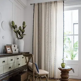 CoutureBridal Gardinen Vorhang Durchscheinend Schwarz und Weiß Leinen mit Quaste Verdunkelungsgardine Wohnzimmer Schlafzimmer Geometrischmuster Blickdichte Vorhänge (B 140cm x H 90cm,1 Stück)