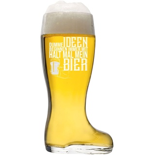 Bierstiefel/Bierglas mit Gravur (1-Liter Glas) Personalisiert | Dumme Ideen beginnen immer mit Halt mal mein Bier | wahres Monument des Gerstensaft-Genusses - Prost!