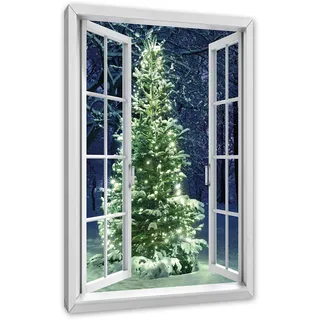 Pixxprint Leuchtender Weihnachtsbaum, Fensterbild, Größe: 100x70cm, Leinwandbild, fertig gespannt, Wandbild, Dekoration, Kunstdruck, kein Poster