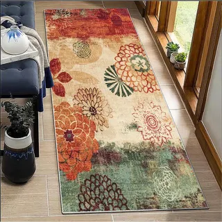 BORKOY Rot/Orange/Grün Blumenmuster - Rutschfester Waschbarer Teppichläufer für Korridor & Küche | Polyester Meterware Anpassbar für Wohnzimmer & Schlafzimmer
