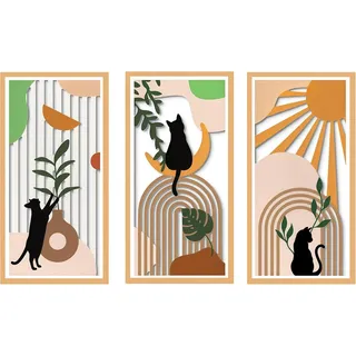Wandskulpturen Aus Holz, Boho-chic-dekor, 3-teilig Mit Katze, Vase, Tropischen Blättern, Sonne- Und Mondmotiven
