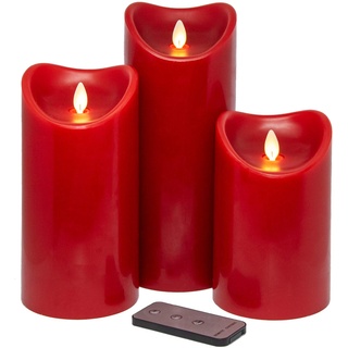 Tronje LED Echtwachskerzen 3er Set mit Timer u. Fernbedienung 15/19/23cm Kerzen mit beweglicher Flamme Rot