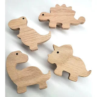 PLT Dinosaurier Griffe für Kindermöbel aus unbehandeltem Eichenholz, Knauf, Kommode, Schrank, Schublade, Tür, Kinderzimmer, Geschenk (4, Brachiosaurus, Triceratops, Tyrannosaurus, Stegosaurus)