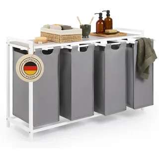 Blumtal Wäschesammler 4 Fächer Grau - Wäschekorb mit Ablage in Beton-Optik - Wäscheschrank mit Metall-Rahmen in Weiß - Wäschekorb mit Beinen - Wäschebehälter für Schmutzwäsche