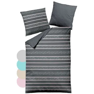 JACK Bettwäsche JACK by Dormisette 200x200cm Streifen Anthrazit verschiedene Farben, Biber, 3 teilig, Melange-Flanell, Biber, mit Reißverschluss rosa