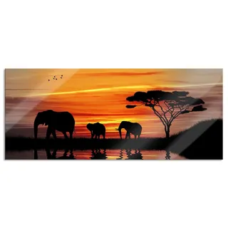 Pixxprint Glasbild Panorama, Wandbild aus Echtglas, Afrika Elefant in Sonnenschein, 120x50 cm, inkl. Aufhängung und Abstandshalter