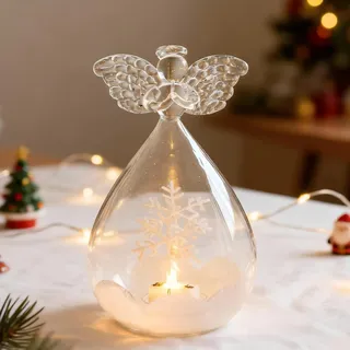Weihnachtsengel mit LED Kerzen, Engel Figur mit Diamanten, Weihnachtsfiguren aus Glas für stimmungsvolle Weihnachtsdekoration innen (A)