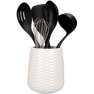 KitchenAid 6er Set Küchenutensilien und Halter, Antihaftbeschichtet, Spülmaschinenfest, Kochgeschirr, Schwarz, 16.5 x 16.5 x 36.8 cm