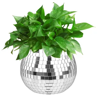 Discokugel Blumentopf, Klein Discokugel Vase,Diskokugel Pflanzen, Discokugels Deko übertopf Makramee, Disco Kugel Pflanzentopf, Spiegelkugel Deko Blumentöpfe für Party, Büro,Küche (Silber, 4*5 Zoll)