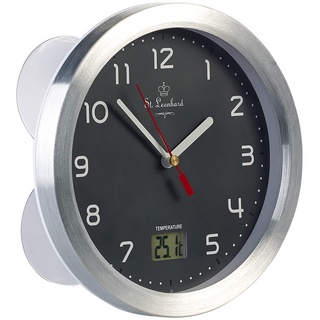 St. Leonhard Uhren: Badezimmer-Wanduhr mit LCD-Thermometer, Aluminium-Rahmen, IPX4, Grau (Badezimmeruhr wasserdicht, Wanduhr wasserdicht, Küchenuhr)