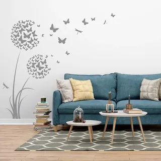 tjapalo®4v großes Wandtattoo Pusteblume mit Schmetterlingen Wandtattoo Wohnzimmer blumen Wandtattoo mädchenzimmer teenager, Farbe: lindgrün, Größe: H170xB58cm