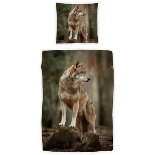 Traumschlaf Bettwäsche Tiere Grau/Grün/Braun 160 x 210 cm + 65 x 100 cm