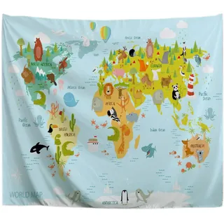 A.Monamour Wandteppiche Wanddekor Weltkarte Mit Zeichentrick Tieren Für Kinder Bild Stoff Wandtuch Wandbehang Wandkunst Wandbilder für Schlafzimmer Schlafsaal Wohnzimmer 153x203cm