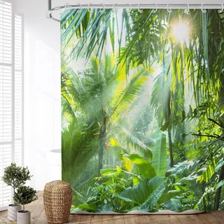 ASDCXZ Duschvorhang Wald 165x180 cm, Naturlandschaft Grün Wald Sonnenschein Motiv Wasserdicht Textil Bad Duschvorhänge Waschbar Polyester Stoff Duschvorhang für Badewanne mit 12 Duschvorhang Hake