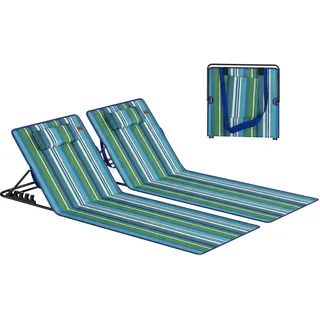 Outsunny 2er Set Strandmatte mit Verstellbarer Rückenlehne klappbar leicht Strandliege mit Kopfkissen Aufbewahrungstasche Sonnenliege für Strand Garten Blau+Grün+Weiß