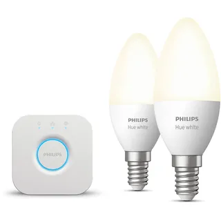 Philips Hue Starterpaket - E14 - mit 2 Kerzen LED Lampen - Warmweißes Licht - inkl. 1 Hue Bridge - Hue White