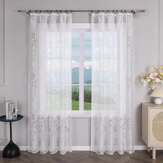 Delien Ausbrenner Gardinen mit Kräuselband Modern Gardinenschals Transparente »Rose« Gardinen Wohnzimmer Fenster Dekoschals Vorhang mit Blumenmuster 1 St. Weiß,BxH 140x245cm