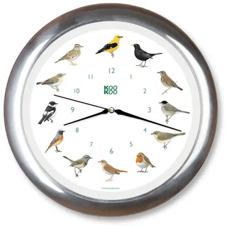 KOOKOO Singvögel Quarzwerk Chrom, Die Singende Vogeluhr, runde Wanduhr mit natürlichen Vogelstimmen