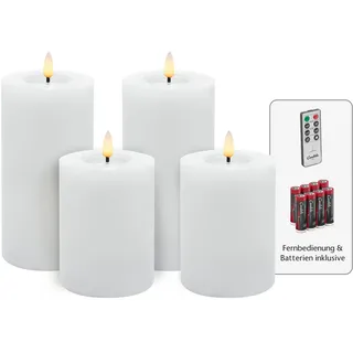 Candela Lights LED Kerzen 4er Set Winter weiß glatt Echtwachs inklusive Fernbedienung und 8 Batterien Timer Funktion & mehrstufig dimmbar flammenlos Echtwachskerzen Stumpenkerzen
